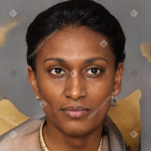 Neutral latino young-adult female with short  brown hair and brown eyes