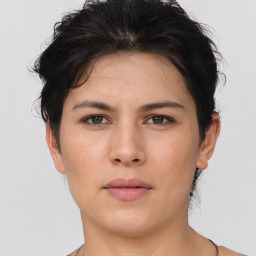 Neutral white young-adult female with short  brown hair and brown eyes