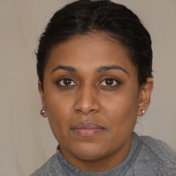 Neutral black young-adult female with short  brown hair and brown eyes