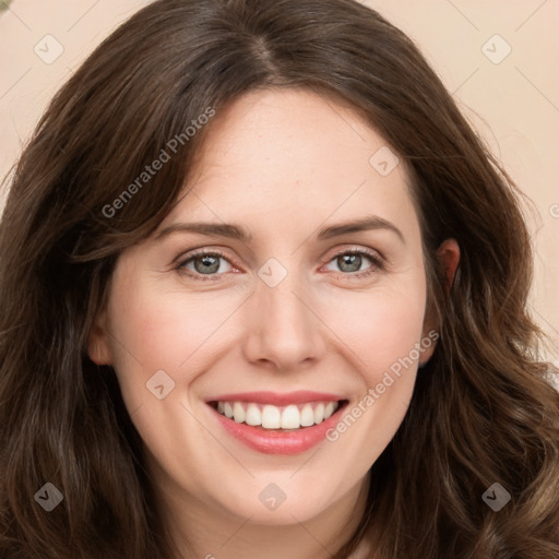 Joyful white young-adult female with long  brown hair and green eyes