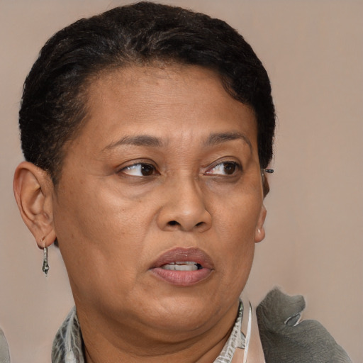 Joyful black adult female with short  brown hair and brown eyes
