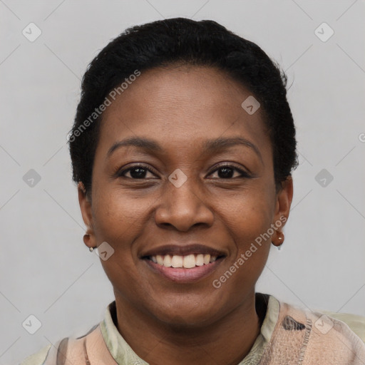 Joyful black young-adult female with short  black hair and brown eyes