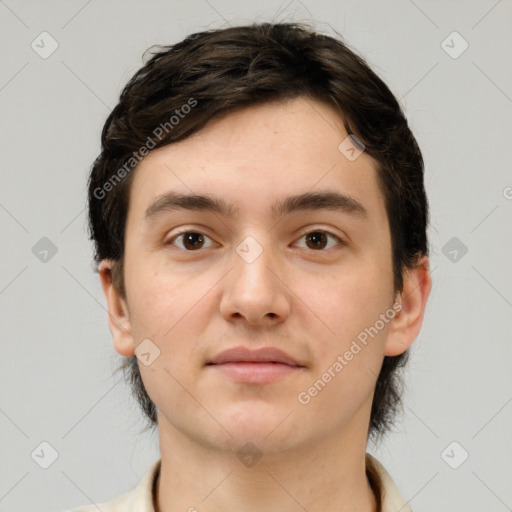 Neutral white young-adult male with short  brown hair and brown eyes