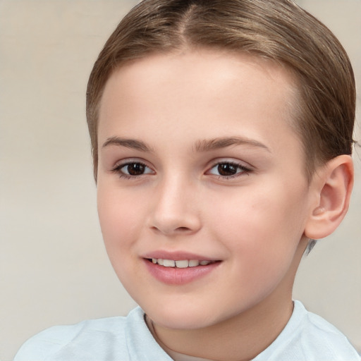 Joyful white child female with short  brown hair and brown eyes