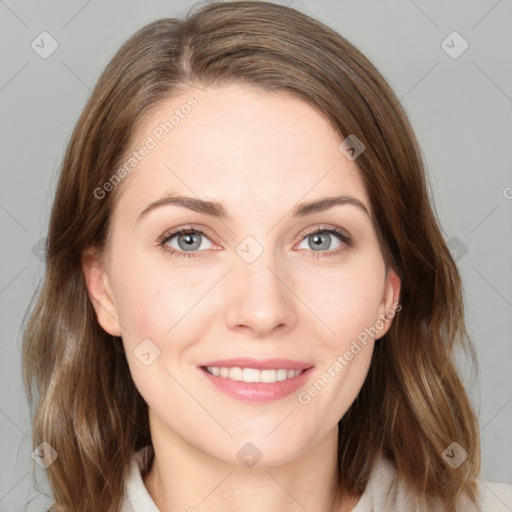 Joyful white young-adult female with medium  brown hair and green eyes