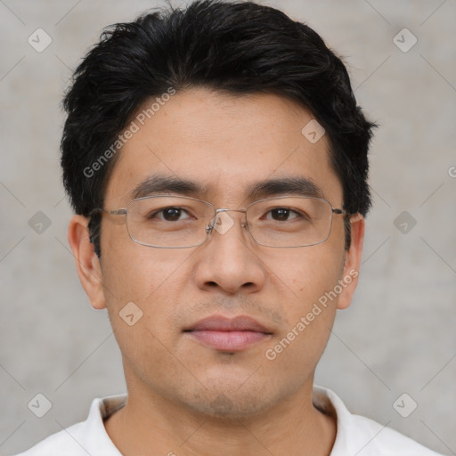 Neutral asian young-adult male with short  black hair and brown eyes