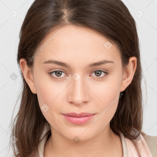 Neutral white young-adult female with medium  brown hair and brown eyes