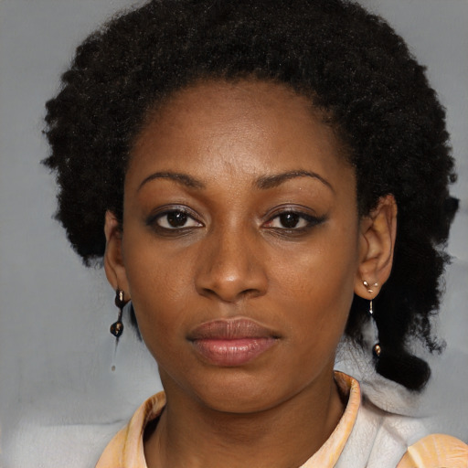 Neutral black young-adult female with short  black hair and brown eyes