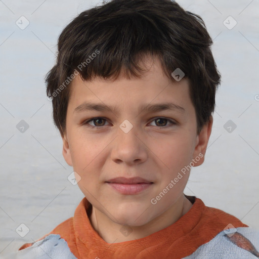 Joyful white child male with short  brown hair and brown eyes