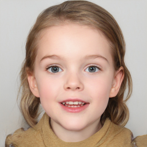 Joyful white child female with medium  brown hair and blue eyes