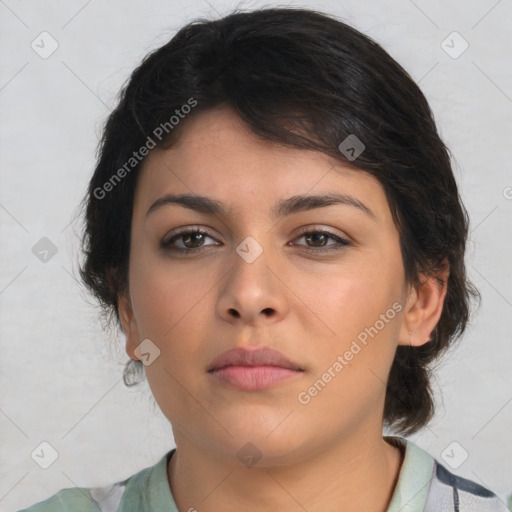 Neutral white young-adult female with medium  brown hair and brown eyes