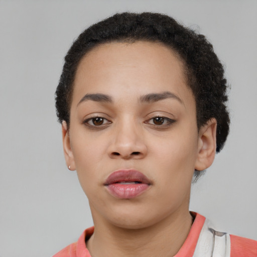 Neutral asian young-adult female with short  black hair and brown eyes