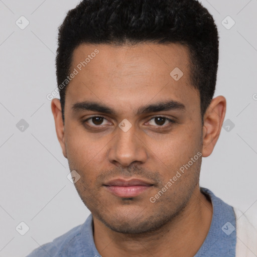 Neutral latino young-adult male with short  black hair and brown eyes