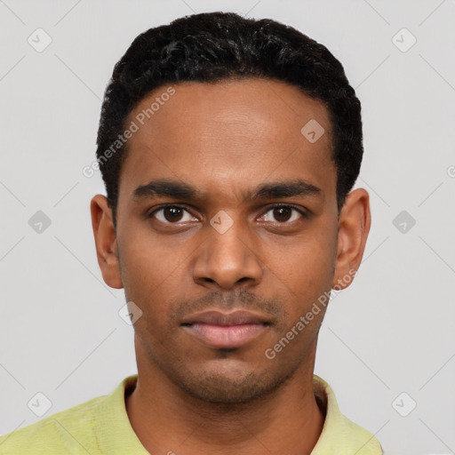 Neutral black young-adult male with short  black hair and brown eyes