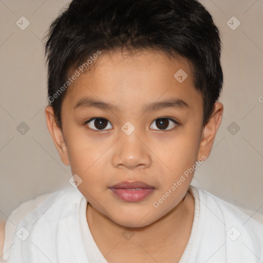 Joyful white child male with short  brown hair and brown eyes