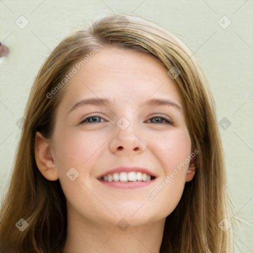 Joyful white young-adult female with long  brown hair and blue eyes