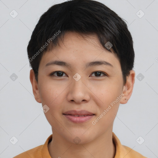 Joyful asian young-adult female with short  brown hair and brown eyes