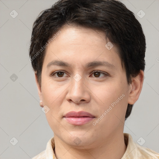 Joyful white young-adult female with short  brown hair and brown eyes