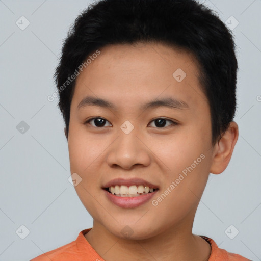 Joyful asian young-adult female with short  black hair and brown eyes