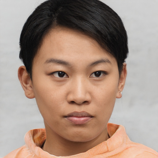 Neutral asian young-adult female with short  brown hair and brown eyes