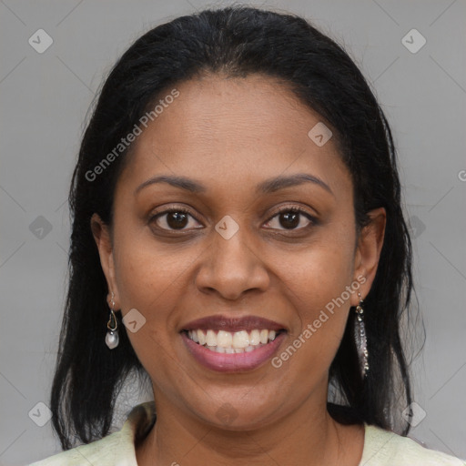 Joyful black young-adult female with medium  brown hair and brown eyes