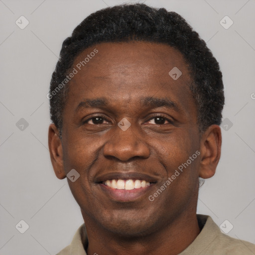 Joyful black adult male with short  brown hair and brown eyes