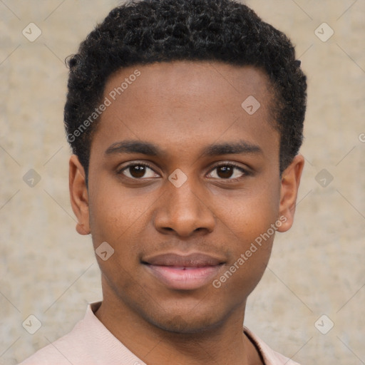 Joyful latino young-adult male with short  brown hair and brown eyes