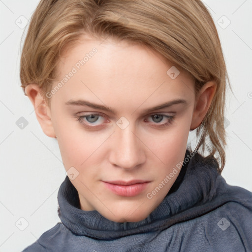 Neutral white young-adult female with medium  brown hair and blue eyes