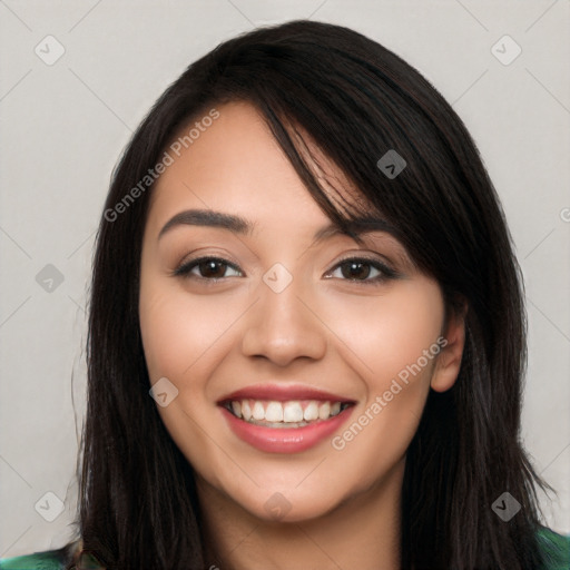 Joyful white young-adult female with long  black hair and brown eyes