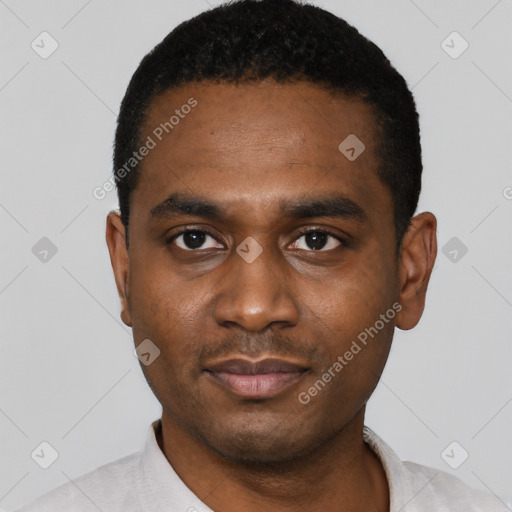 Neutral black young-adult male with short  black hair and brown eyes