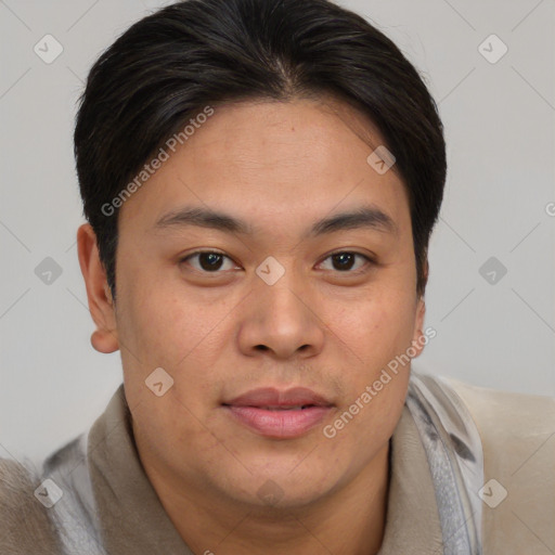 Joyful asian young-adult male with short  brown hair and brown eyes