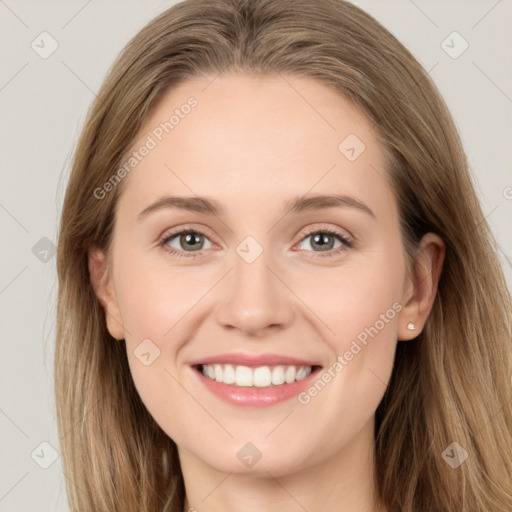 Joyful white young-adult female with long  brown hair and grey eyes