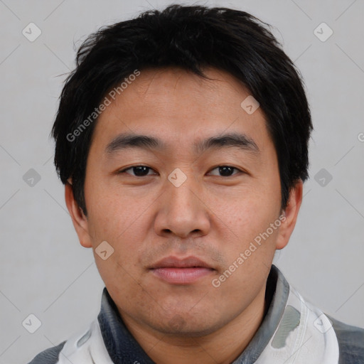 Neutral asian young-adult male with short  black hair and brown eyes