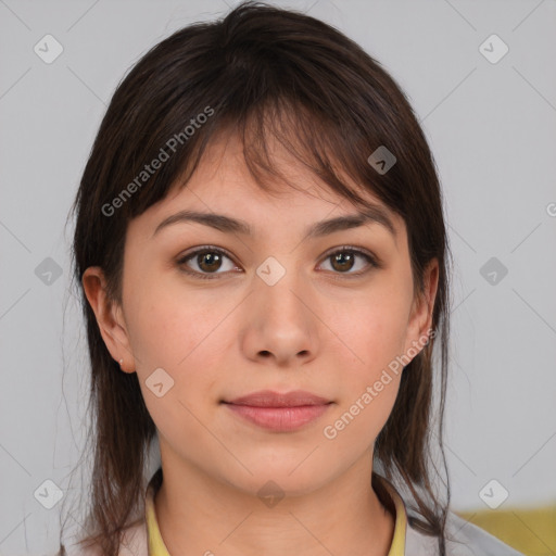 Neutral white young-adult female with medium  brown hair and brown eyes