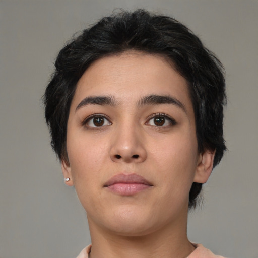 Neutral asian young-adult female with medium  black hair and brown eyes