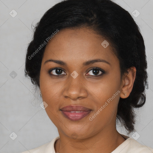 Joyful black young-adult female with medium  brown hair and brown eyes