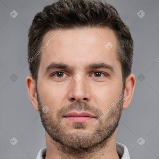 Neutral white young-adult male with short  brown hair and brown eyes