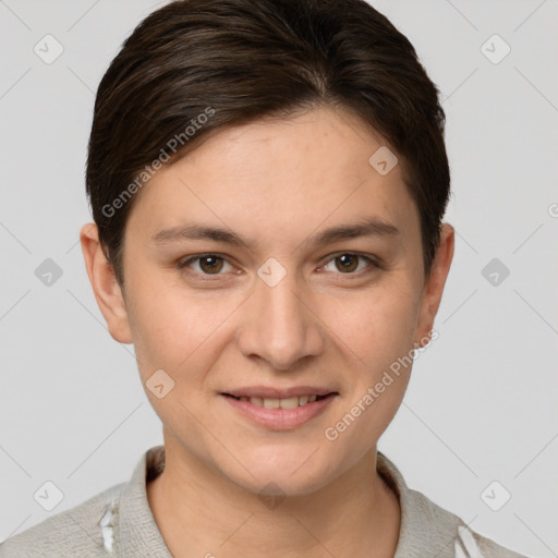 Joyful white young-adult female with short  brown hair and brown eyes