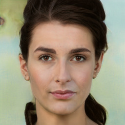 Neutral white young-adult female with short  brown hair and brown eyes