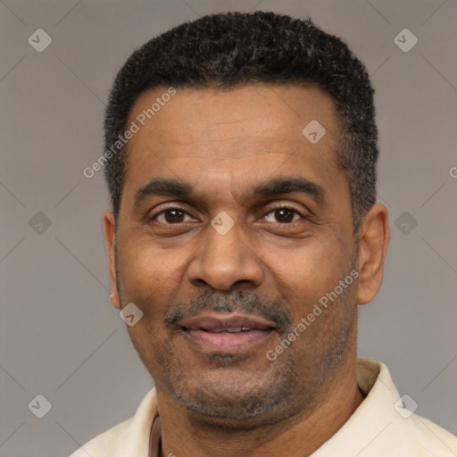Neutral latino adult male with short  black hair and brown eyes