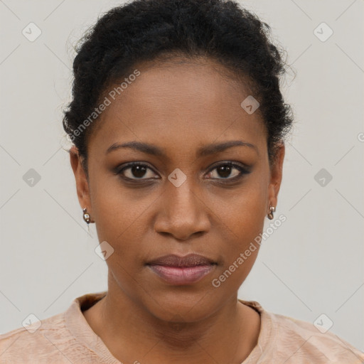 Neutral black young-adult female with short  brown hair and brown eyes