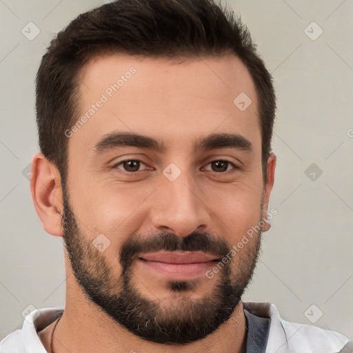 Joyful white young-adult male with short  brown hair and brown eyes