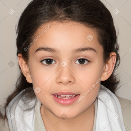 Joyful white child female with medium  brown hair and brown eyes