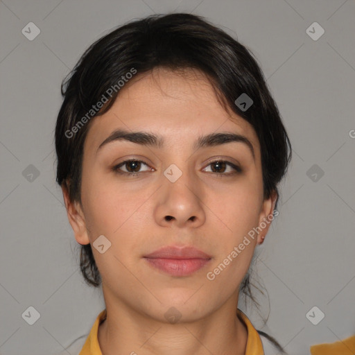 Neutral white young-adult female with medium  brown hair and brown eyes