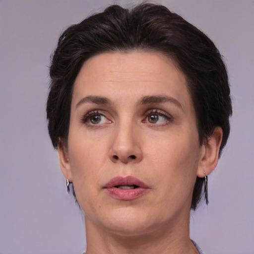 Neutral white adult female with short  brown hair and brown eyes