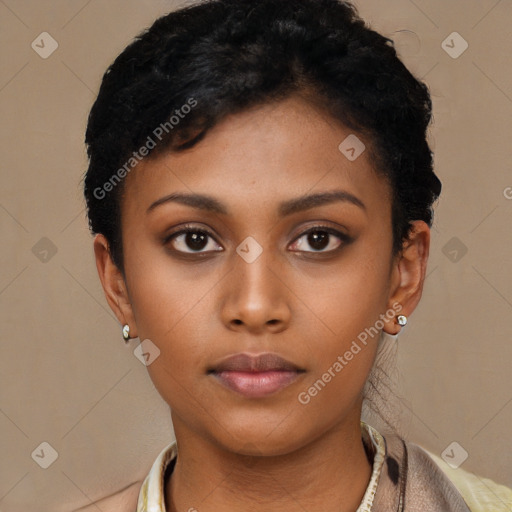 Neutral latino young-adult female with short  black hair and brown eyes
