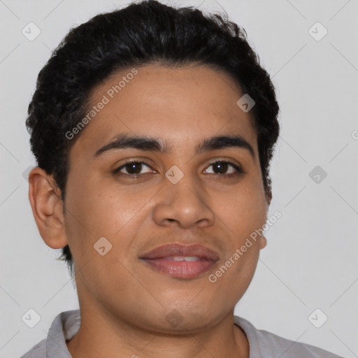 Joyful latino young-adult male with short  brown hair and brown eyes