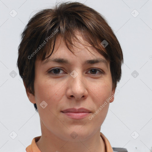 Joyful white young-adult female with short  brown hair and brown eyes