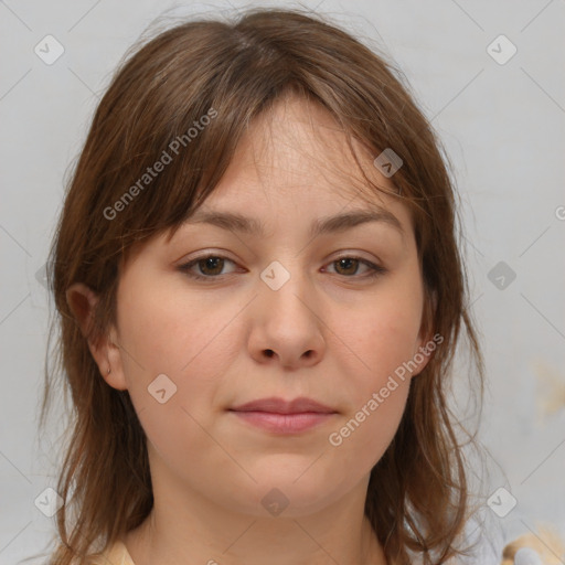 Neutral white young-adult female with medium  brown hair and brown eyes