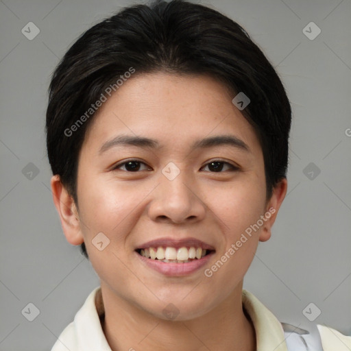 Joyful asian young-adult female with short  brown hair and brown eyes